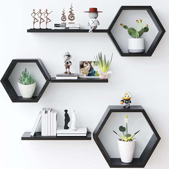 Wooden Hexagon Floating Shelves Wall Mounted by LUDORU