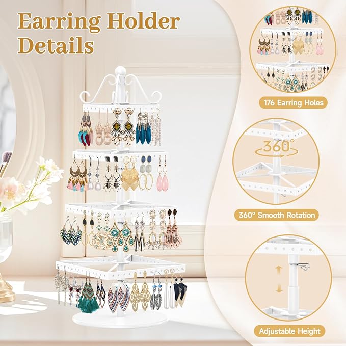 MODOWEY Rotating Earring Holder Organizer Stand, 4 Tier Adjustable Metal - Image 4