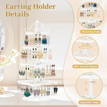 MODOWEY Rotating Earring Holder Organizer Stand, 4 Tier Adjustable Metal - Image 4