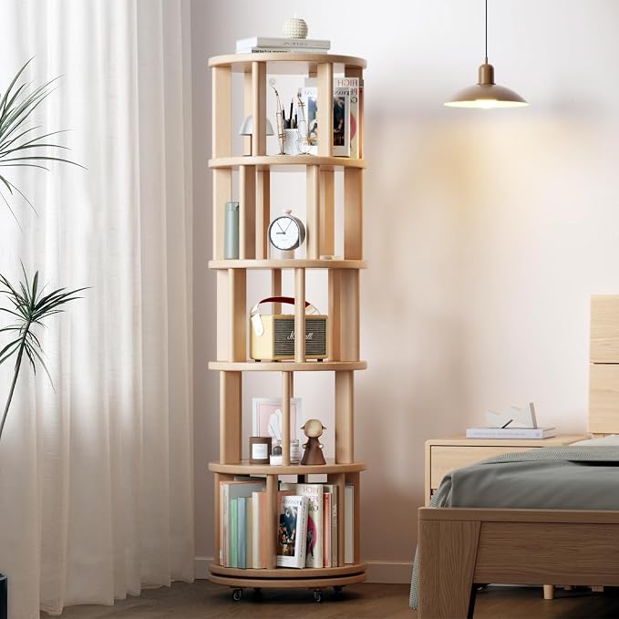 Solid Wood Rotating Bookshelf on Wheels, 5 Tier, Round Revolving Bookcase - Image 8