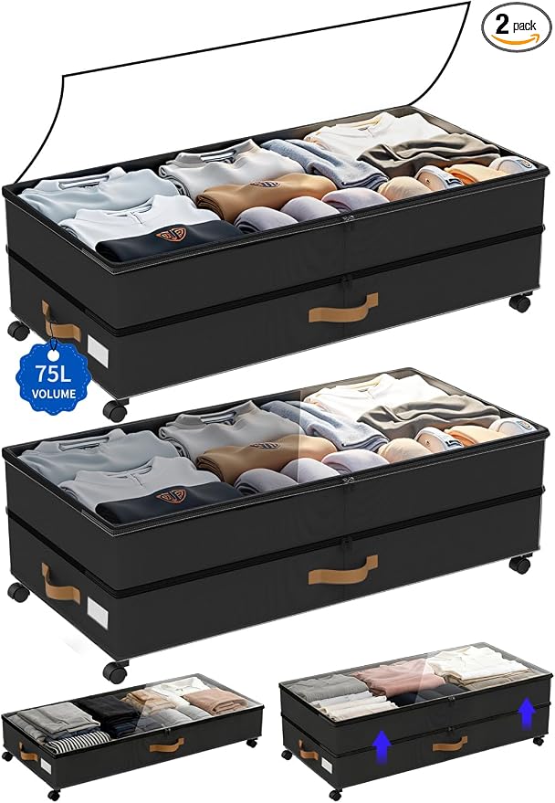 Under Bed Storage with Wheels 2-Pack, 75L XXL Under the Bed Storage Containers by Unknown