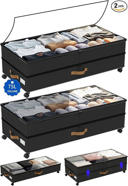 Under Bed Storage with Wheels 2-Pack, 75L XXL Under the Bed Storage Containers by Unknown