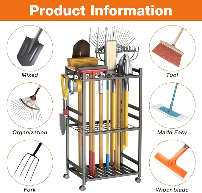 Garden Tool Organizer with Wheels, Heavy-Duty Yard Tool Rack with 3 Side Hooks - Image 6