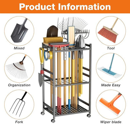 Garden Tool Organizer with Wheels, Heavy-Duty Yard Tool Rack with 3 Side Hooks - Image 6