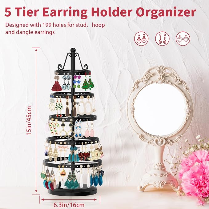 MODOWEY 5 Tiers Metal Rotating Earring Holder Organizer Tree Display, Round | - Image 2