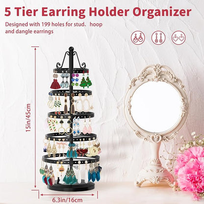 MODOWEY 5 Tiers Metal Rotating Earring Holder Organizer Tree Display, Round | - Image 2