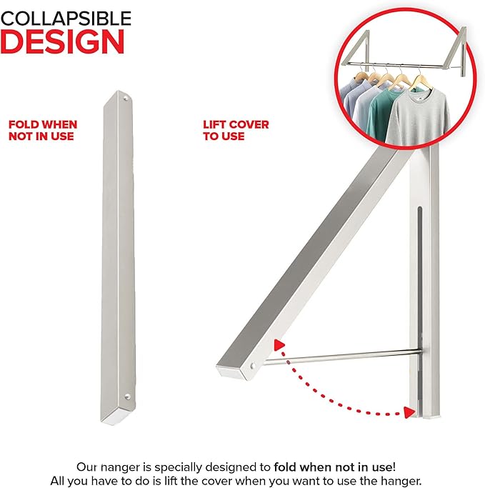 Double Foldable Clothing Rack w/ Extension Rod, Wall-Mounted Retractable - Image 3
