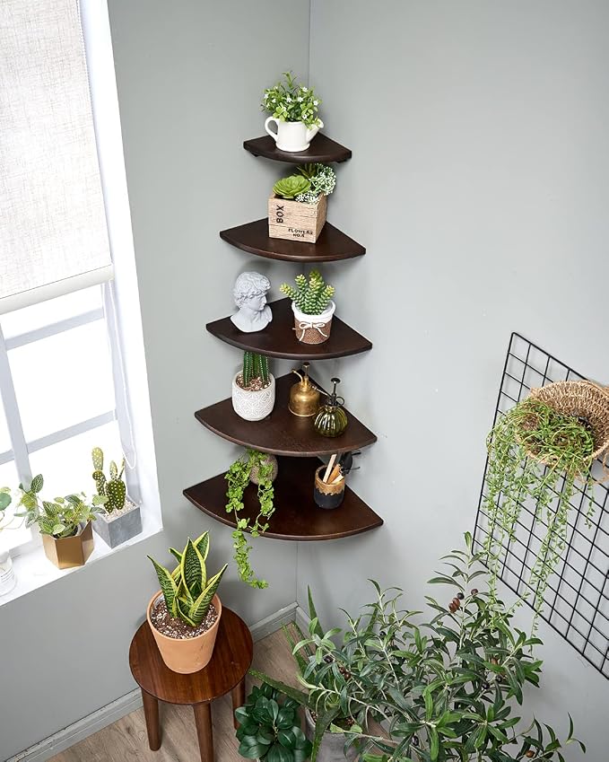 Corner Shelf, 12inch Walnut Solid Wood Floating Corner Shelves Wall Mount Round - Image 2