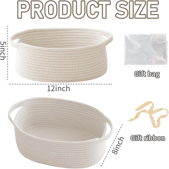 JMvicyroam Small Woven Basket, Empty Gift Basket, Cotton Rope, Includes Ribbon - Image 2