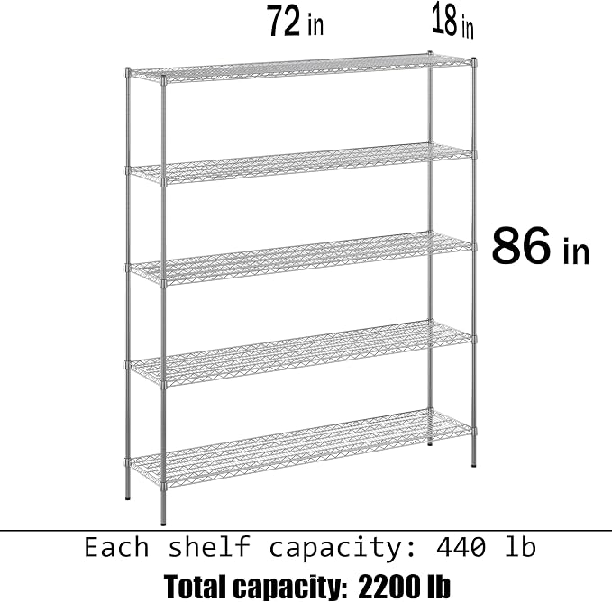 18" Deep x 72" Wide x 86" Height Wire Shelving Kit | 5-Tier | NSF Commercial - Image 3