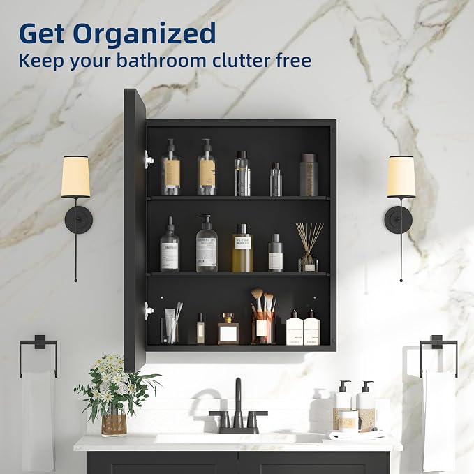 Medicine Cabinet with Mirror, 20x26 Inch Black Bathroom Mirrored Cabinet - Image 8