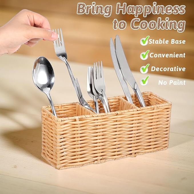 Ptwola Wicker Flatware Silverware Caddies Woven Kitchen Cutlery Organizer - Image 3