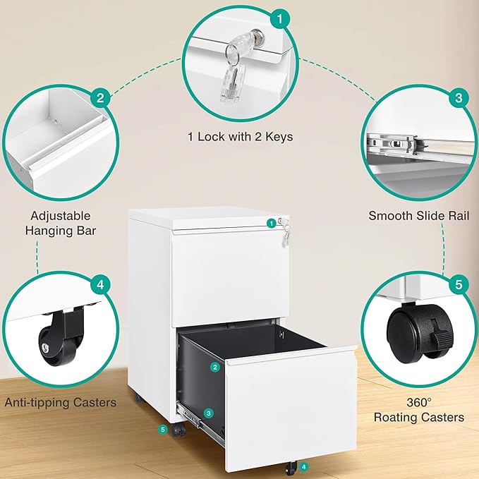 SISESOL Assembled 2 Drawer File Cabinet on Wheels, Metal Filing Cabinet - Image 6
