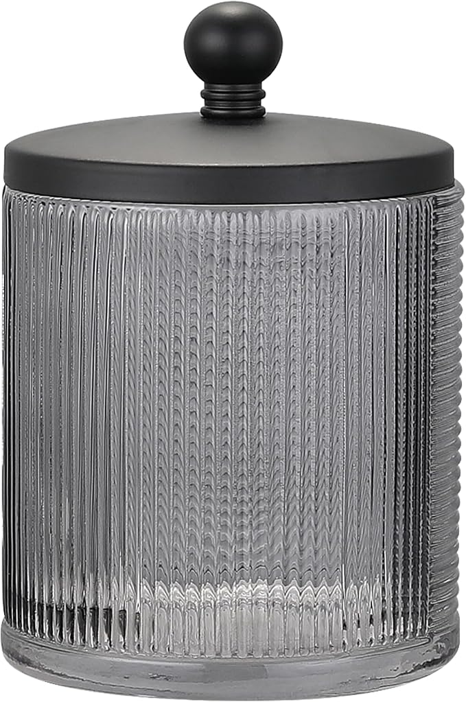 Gray Colored Tranlucent Apothecary Ribbed Geo Etched Glass Jar W/Matte Black by IndecorHome