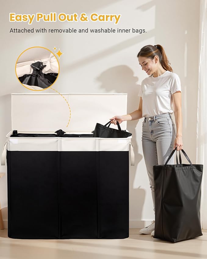 190L Laundry Hamper with Lid, Large Laundry Basket with Lid and 3 Section - Image 2