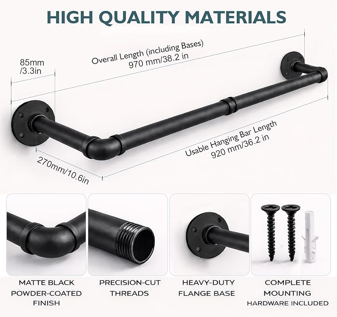 Svyrilk 38.4" Wall Mounted Clothes Rack | Heavy Duty Iron Industrial Pipe - Image 3