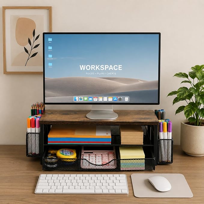 Wooden Monitor Stand Riser 2-Tier Desk Organizer - Image 2