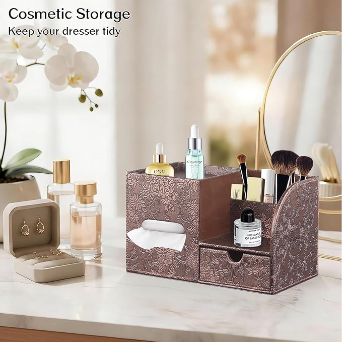 Square Tissue Box Cover with Drawer Storage and Tray on Top, PU Leather Tissues - Image 6