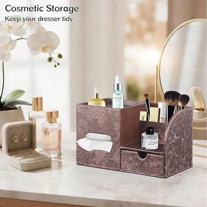 Square Tissue Box Cover with Drawer Storage and Tray on Top, PU Leather Tissues - Image 6
