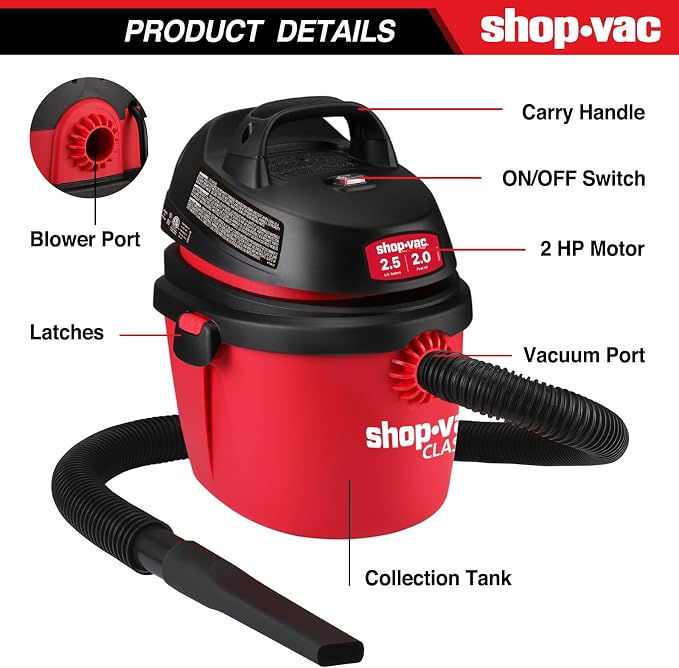 Shop-Vac 2.5 Gallon 2.0 Peak HP Wet/Dry Vacuum, Portable Compact Shop Vacuum - Image 4