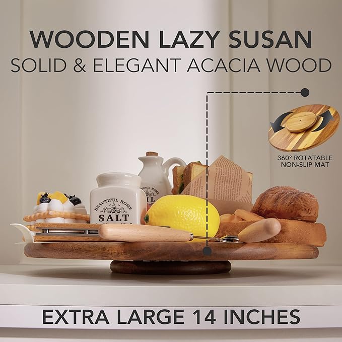 Acacia Wood Lazy Susan, Wood Turntable Tray Cabinet Organizer - Image 4