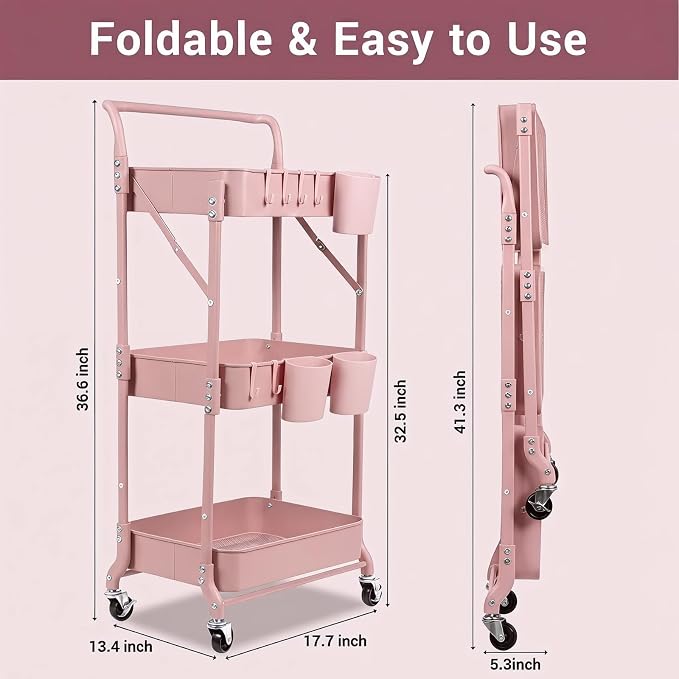 Amatic 3-Tier Folding Rolling Utility Cart - Image 2