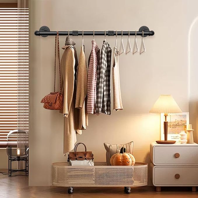Industrial Iron Pipe Clothes Hanging Bar DIY Wall-Mounted Garment Rack Heavy - Image 4