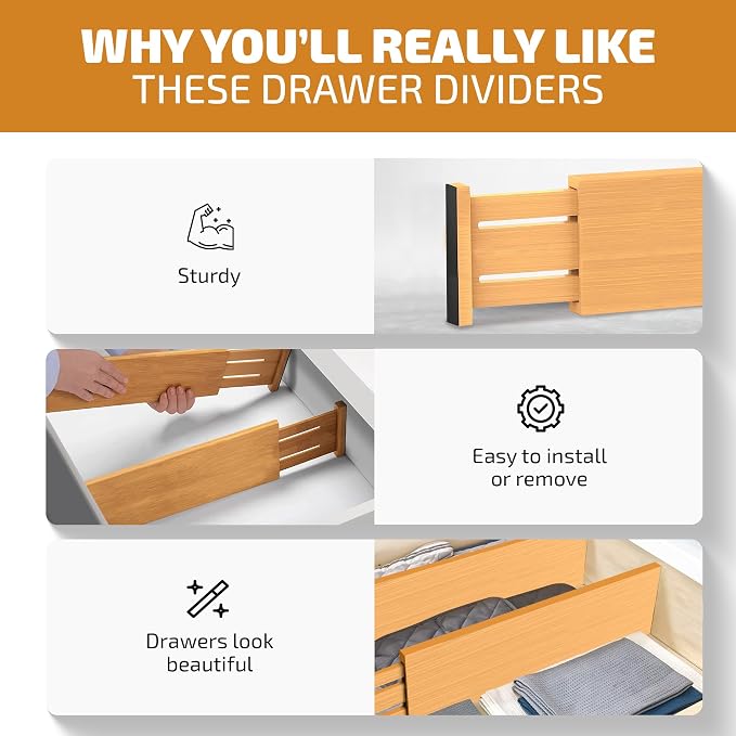 6 Pack Drawer Dividers 6 Inch High, 11”-17" Adjustable Bamboo Organizers Large - Image 5