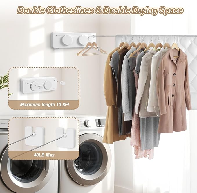 Retractable Clothesline Indoor, Non-Sagging Outdoor Clothes Line Retracting - Image 2