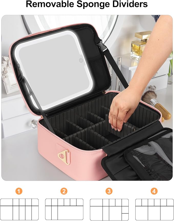 Relavel Travel Makeup Bag With LED Mirror, Portable Pink Cosmetic Case | - Image 5