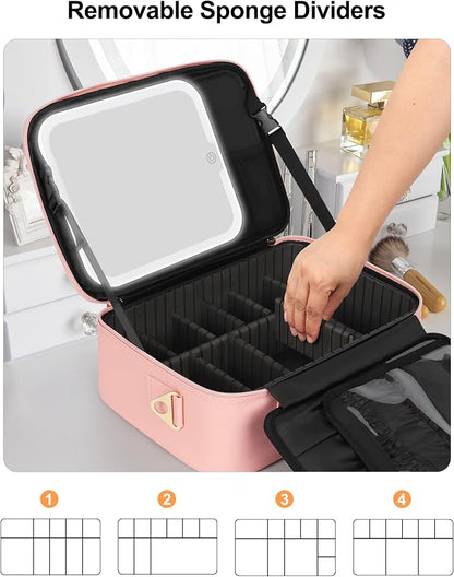 Relavel Travel Makeup Bag With LED Mirror, Portable Pink Cosmetic Case | - Image 5