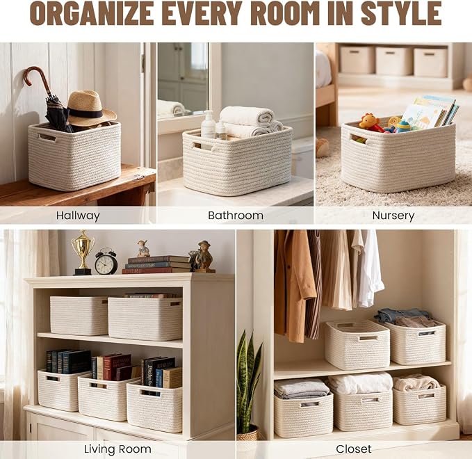 5 Pack White Woven Storage Baskets - Image 6