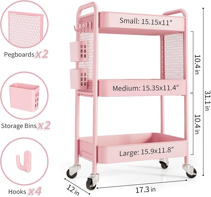 TOOLF 3 Tier Rolling Cart Storage Organizer, Metal Rolling Utility Cart - Image 5