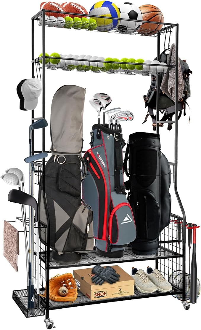 Golf Bag Storage Garage Organizer, 3 Golf Bags Organizer and Golfing Equipment by SmarketBuy