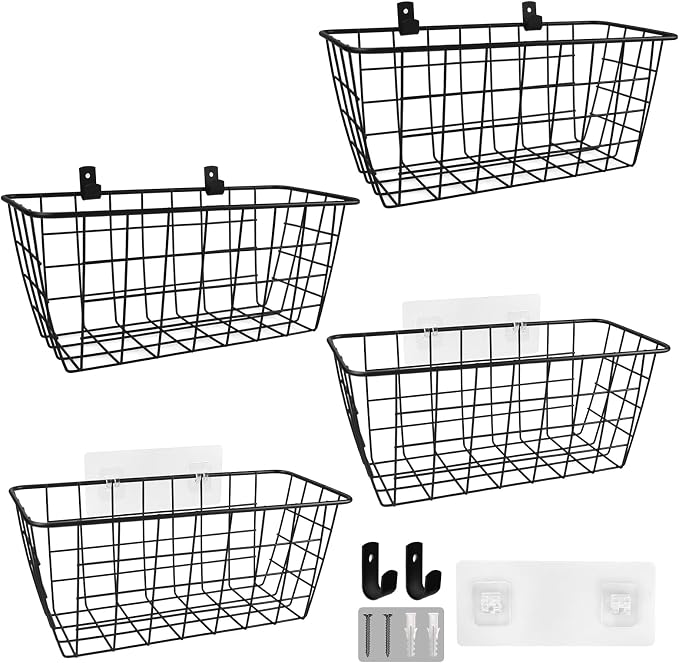 Wire Hanging Wall Basket, 4 Black Metal Baskets, Adhesive Cabinet Organizer | - Image 8