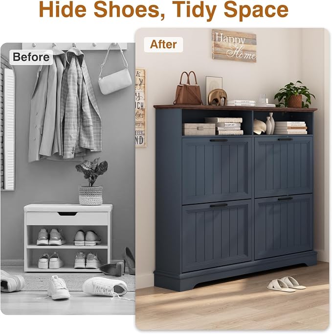 Shoe Storage Cabinet with 4 Flip Drawers, Farmhouse Modern Hidden Shoes Rack - Image 4