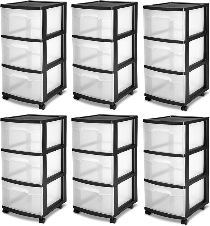 Sterilite 6 Pack Plastic Storage Organizer, 3 Drawer Rolling Bin Cart, Closet by Sterilite