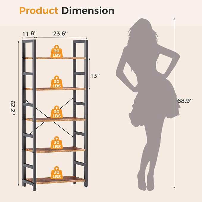 DUMOS 5-Tier Bookshelf, Modern Tall Bookcase Book Shelf | Open Storage Display - Image 3