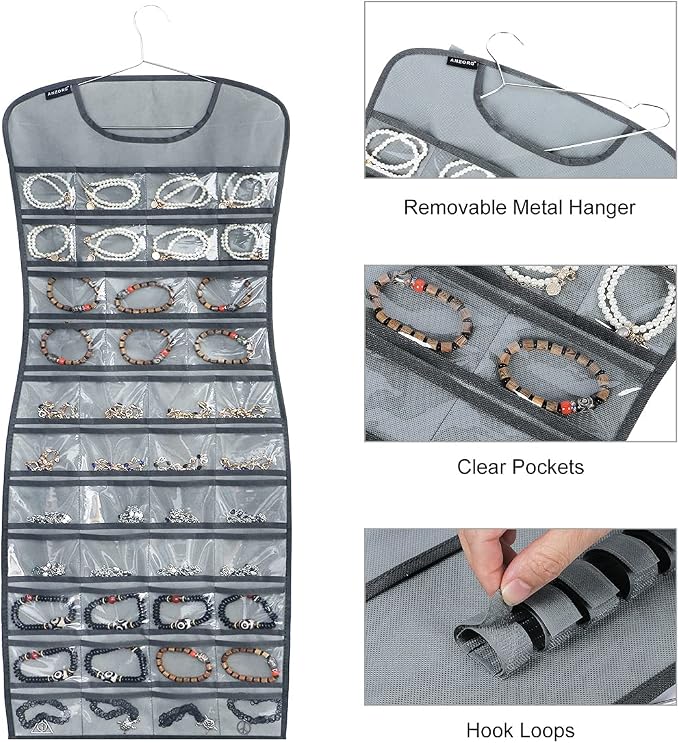 Hanging Jewelry Organizer Dual Sided 84 Clear Pockets and 6 Hook Loops Storage - Image 6