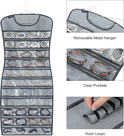Hanging Jewelry Organizer Dual Sided 84 Clear Pockets and 6 Hook Loops Storage - Image 6