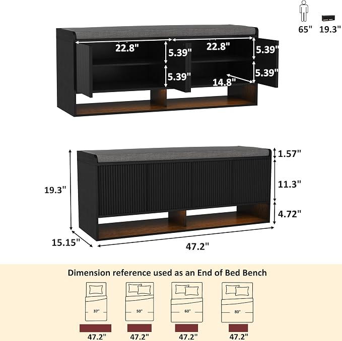 HOMEFORT 47.2" Fluted Shoe Storage Bench, Entryway Bench - Image 2