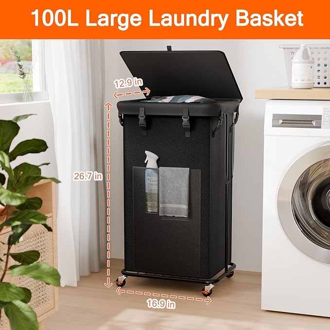 100L Laundry Hamper with Lid, Rolling Laundry Basket with Wheels, Large & Tall - Image 2