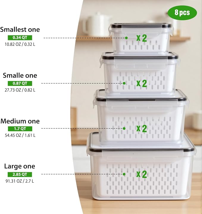 8 PCS Fruit Storage Containers for Fridge, Leakproof Produce Containers for - Image 2