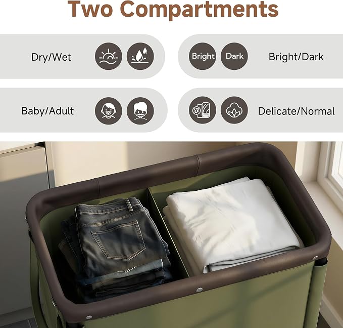 StorageWorks Laundry Hamper 2 Section, 100L Rolling Laundry Sorter Cart - Image 2