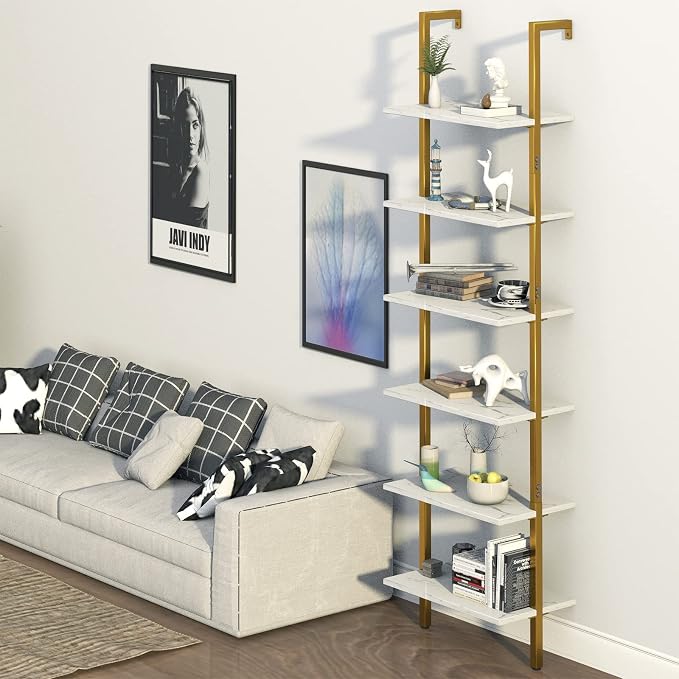 Ladder Shelf 6 Tiers Marble White Modern Bookshelf Open Tall Wall Mount - Image 4