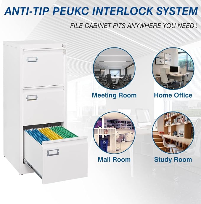 3-Drawer File Cabinet with Lock, 16.3" Deep Vertical Filing Cabinets, Metal - Image 6