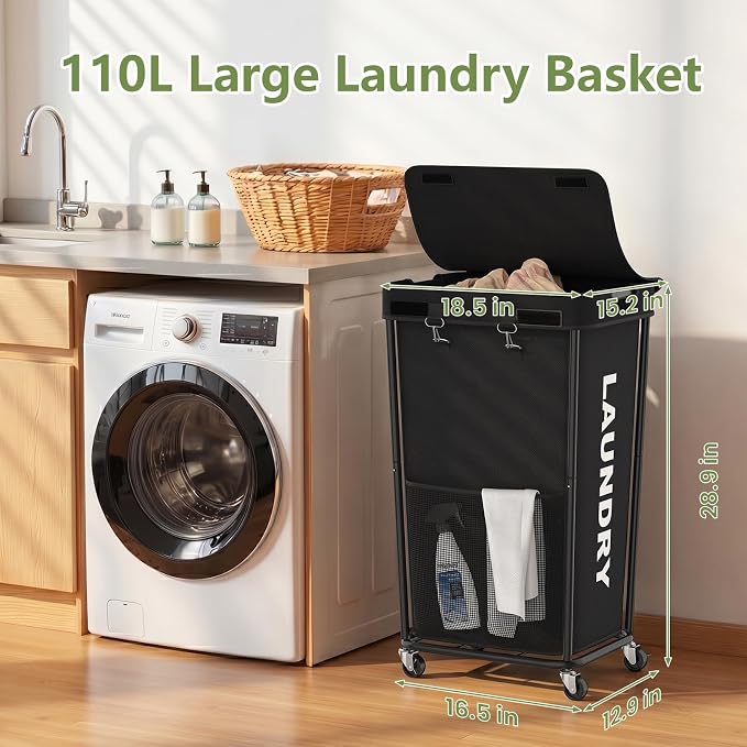 Laundry Hamper with Wheels and Lid, 110L Heavy Duty Rolling Laundry Basket - Image 2