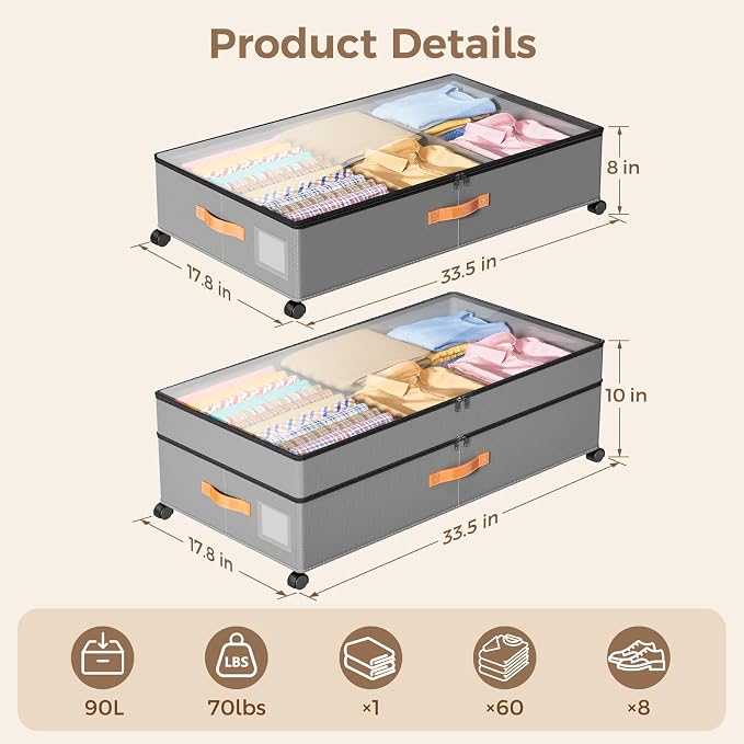 Under Bed Storage with Wheels, Large Capacity UnderBed Containers with Clear - Image 3