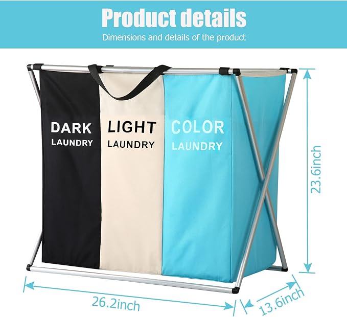 Laundry Cloth Hamper Sorter Basket Bin Foldable 3 Sections - Image 2