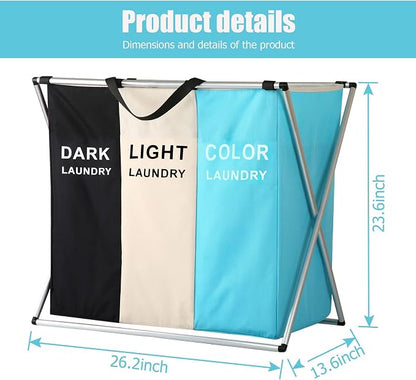 Laundry Cloth Hamper Sorter Basket Bin Foldable 3 Sections - Image 2